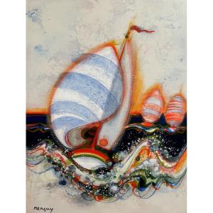 Frédéric Menguy (1927-2007), Painting "in The Middle Of The Waves" Dating From The 1980s.