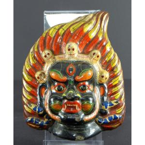 Tibet, First Half Of The 20th Century, Polychrome Boiled Carton Mask Depicting Mahakala.