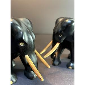 France, 1950s, Pair Of Stylized Elephants In Ebony And Bone.