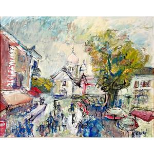 Mario Bonamici (1912-2002), Tableau Vue De La Place Du Tertre à Paris Montmartre.