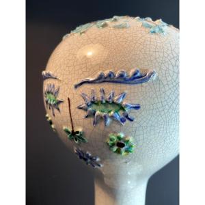 France, Mid 20th Century, Glazed Earthenware Marotte With Flower Design.