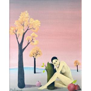 François Mielvaque (b. 1934), Surrealist Painting From 1976 On The Theme Of ève.