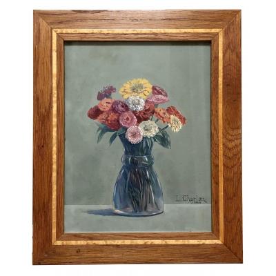 Léon-paul Charlon, Gouache Bouquet Of Flowers 1938.