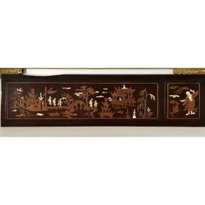 Vietnam Around 1900, Panel Inlaid With Boxwood And Ivory Decor From Animated Scenes.