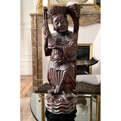 Vietnam, Circa 1900, Statue Of High Rank Character In Carved Wood.