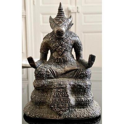 Thailand, First Third Twentieth Century, Silver Bronze Statuette Deity Bull Head.