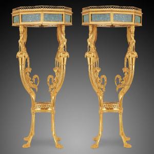 Pair Of Empire Style Ormolu Mounted Malachite Pedestal Tables