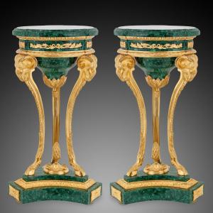 Pair Of Neoclassical Style Pedestals In Gilt Bronze And Malachite