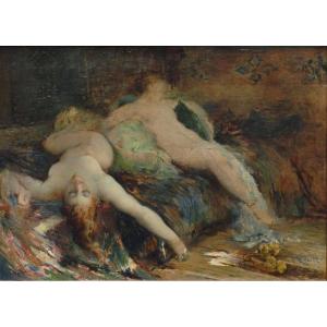 Henri Le Riche , Painting «  naked Women On The Couch »late 19th Century - Orientalism
