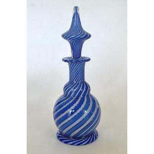 Clichy Crystal Factory. Small Perfume Bottle With Blue And White Filigree Decoration
