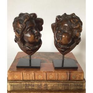 Two Carved Wooden Putti Heads, 18th Century