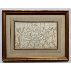 Philibert Benoit Delarue "assembly Of Men In Togas" Drawing And Sepia. 18th Century