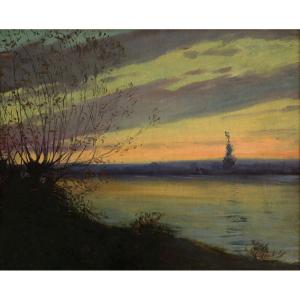 Léon Giran-max "sunset On The Oise River" End Of XIXth - Impressionnist-synthetism