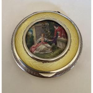 Silver And Enamel Poudrier With Miniature Decoration