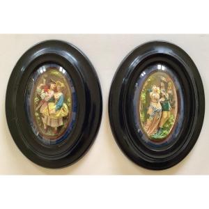 Pair Of Colorful Bas-reliefs Depicting Amorous Couples