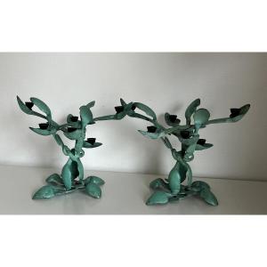 Arman Sculptor Pair Of Spoon Candlesticks - Bronze 