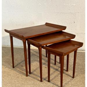Set Of Three Nesting Coffee Tables In A Japanese Style, Mahogany, France, 1950