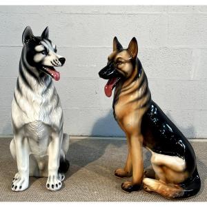 Life-size Ceramic German Shepherd & Husky Dog Sculpture 1960s