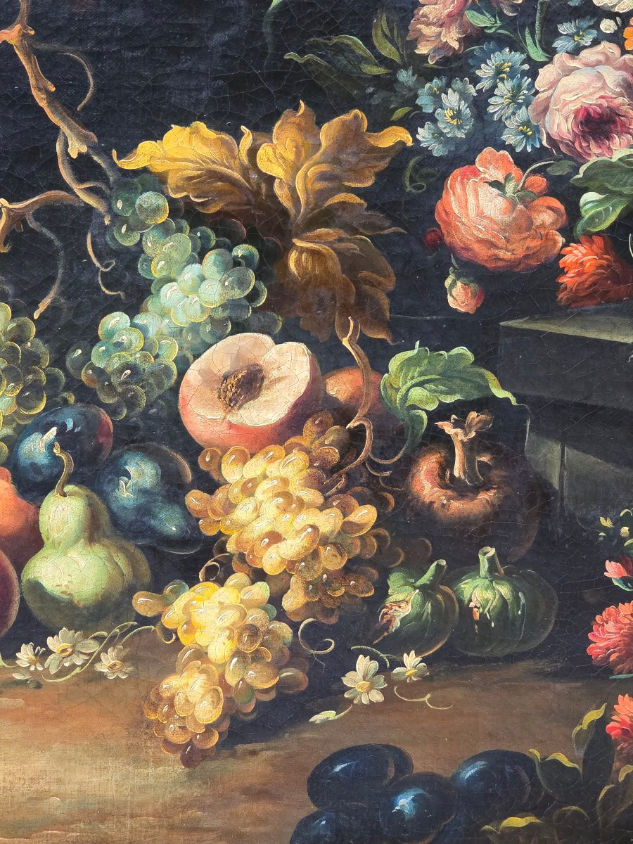 Antico Dipinto Natura morta con fiori e frutta-photo-3