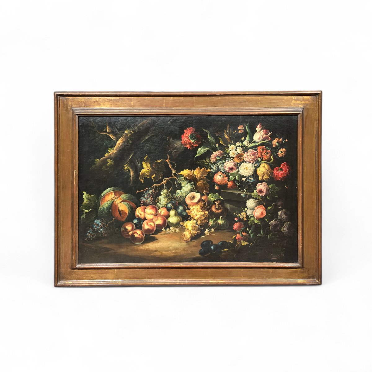 Antico Dipinto Natura morta con fiori e frutta-photo-1