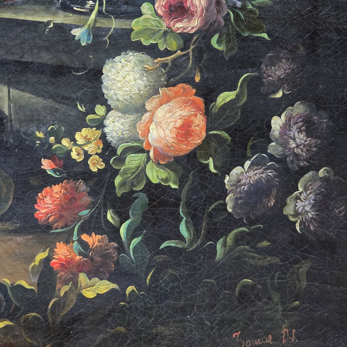 Antico Dipinto Natura morta con fiori e frutta-photo-5