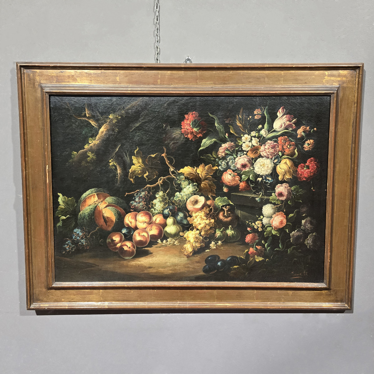 Antico Dipinto Natura morta con fiori e frutta