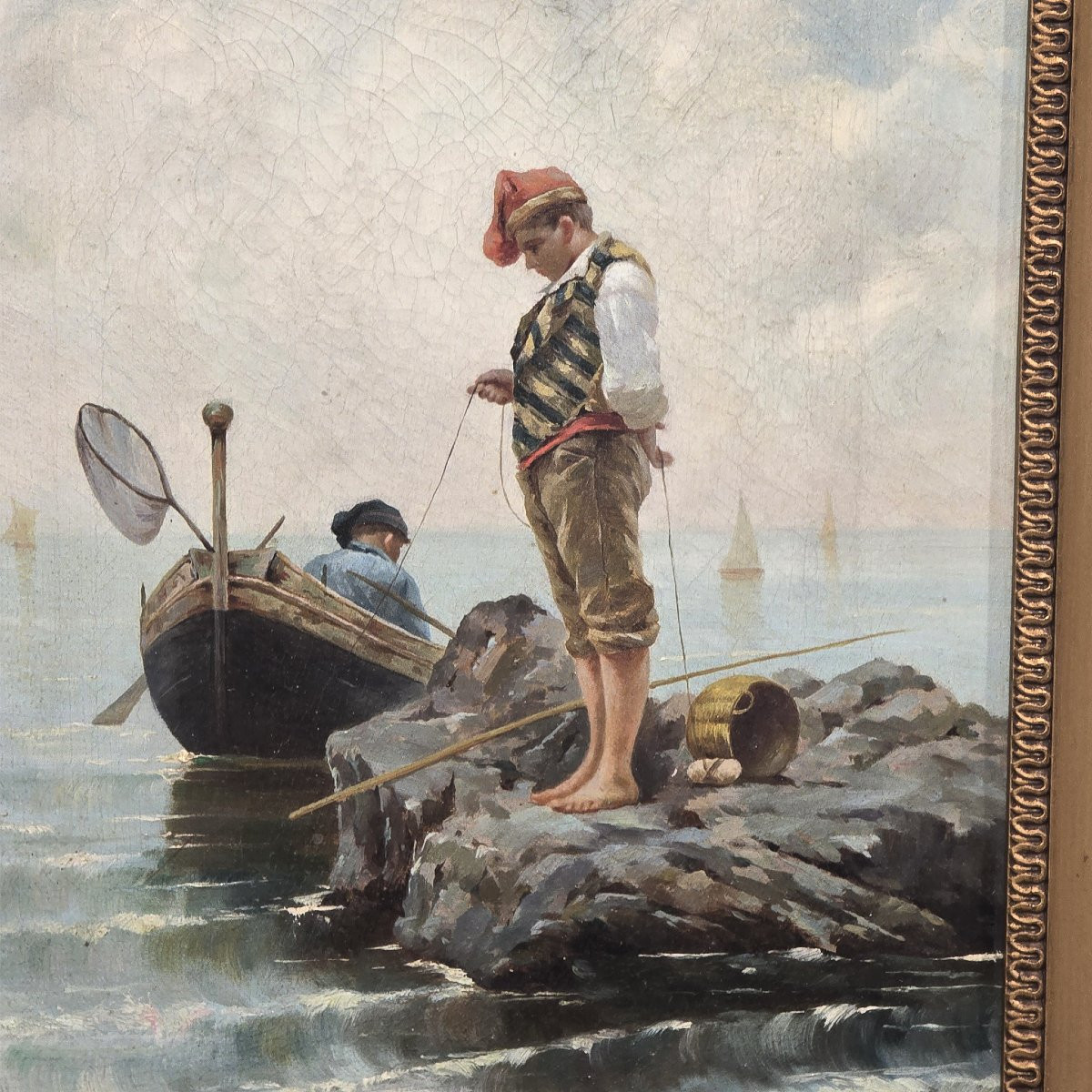 Dipinto olio su tela Pescatore su scoglio, XIX secolo-photo-2