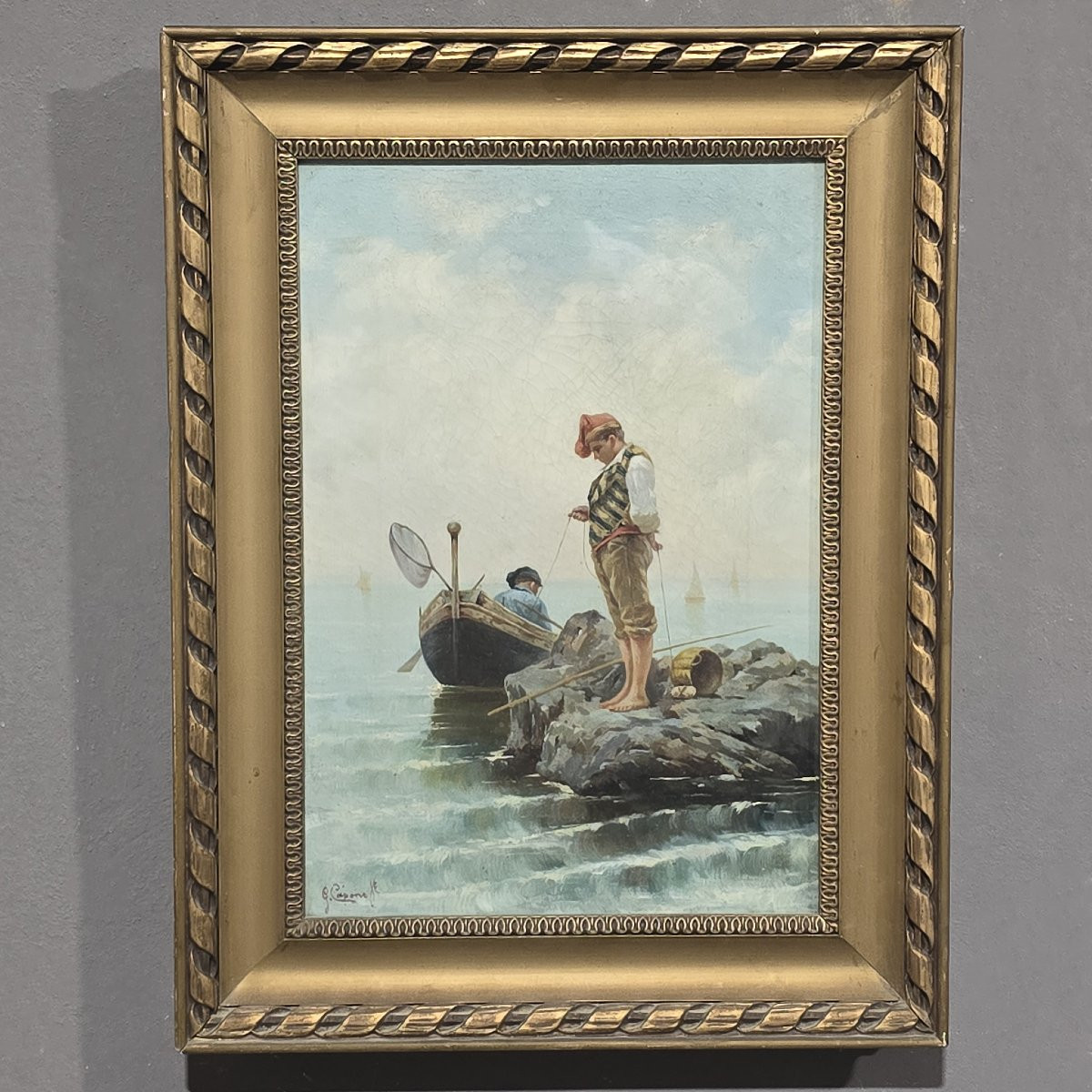 Dipinto olio su tela Pescatore su scoglio, XIX secolo-photo-4