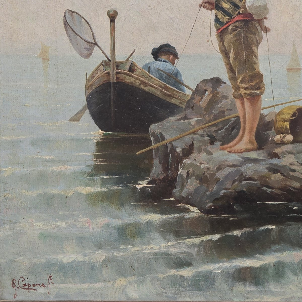 Dipinto olio su tela Pescatore su scoglio, XIX secolo-photo-1