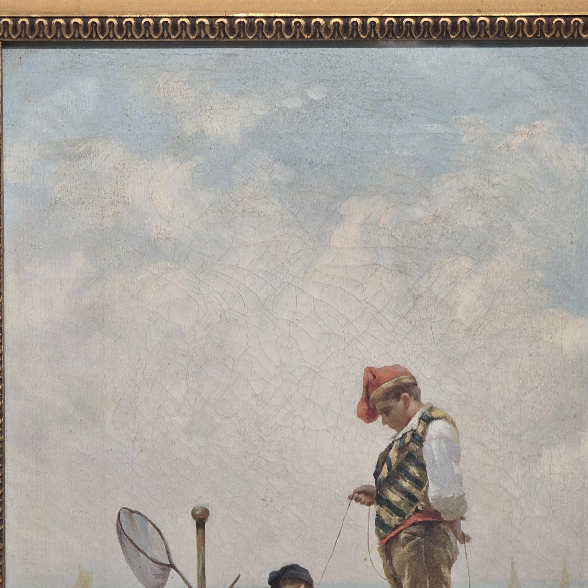 Dipinto olio su tela Pescatore su scoglio, XIX secolo-photo-2