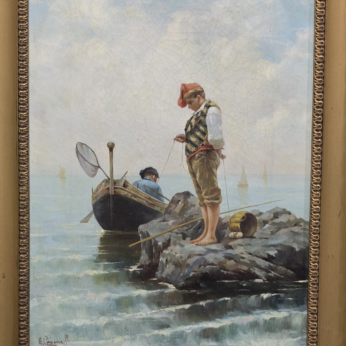 Dipinto olio su tela Pescatore su scoglio, XIX secolo-photo-3