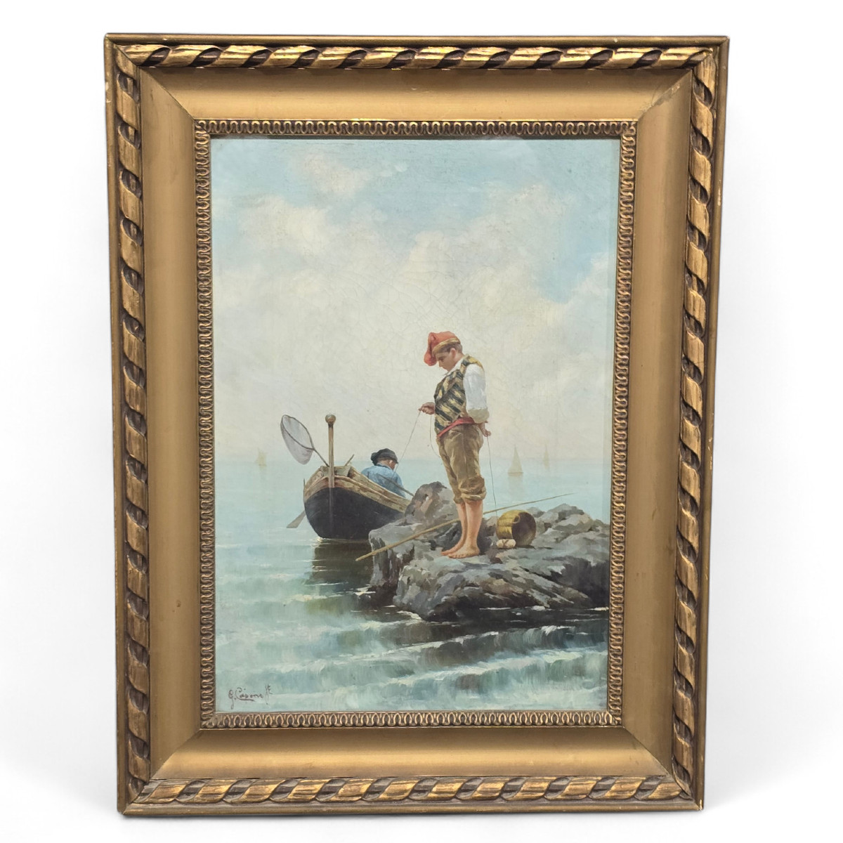 Dipinto olio su tela Pescatore su scoglio, XIX secolo