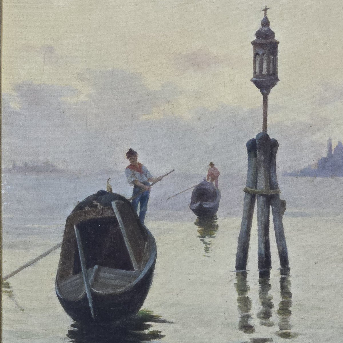 Dipinto olio su tela G.Capone Gondole, XIX secolo-photo-3