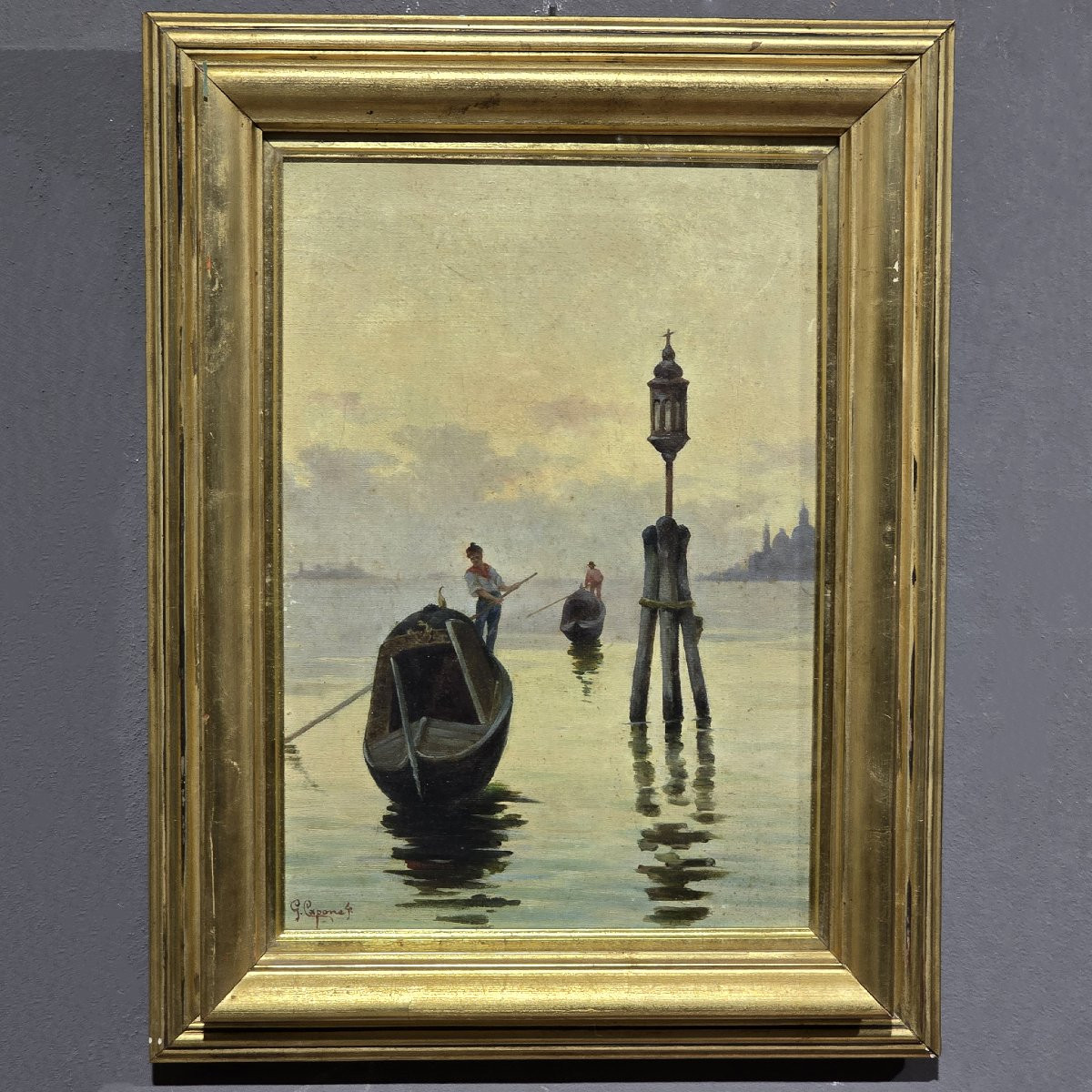 Dipinto olio su tela G.Capone Gondole, XIX secolo-photo-2