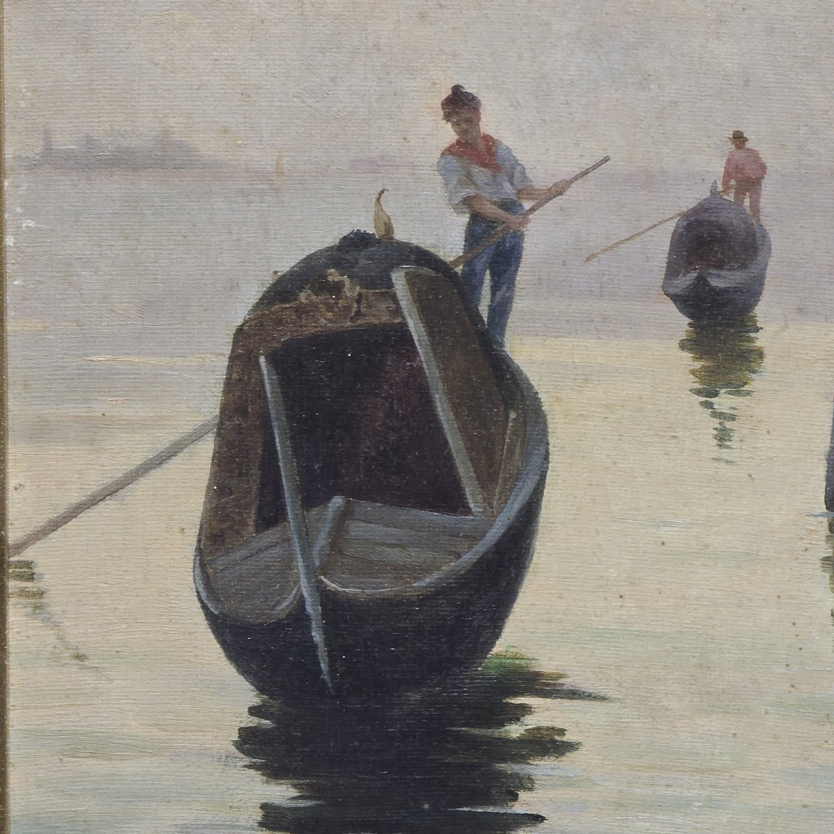 Dipinto olio su tela G.Capone Gondole, XIX secolo-photo-3