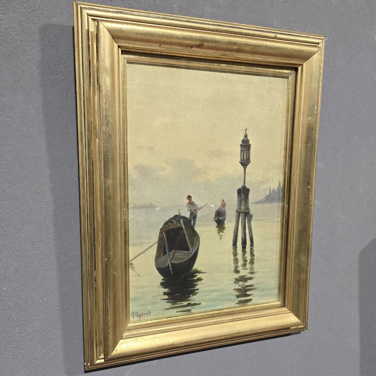 Dipinto olio su tela G.Capone Gondole, XIX secolo-photo-5