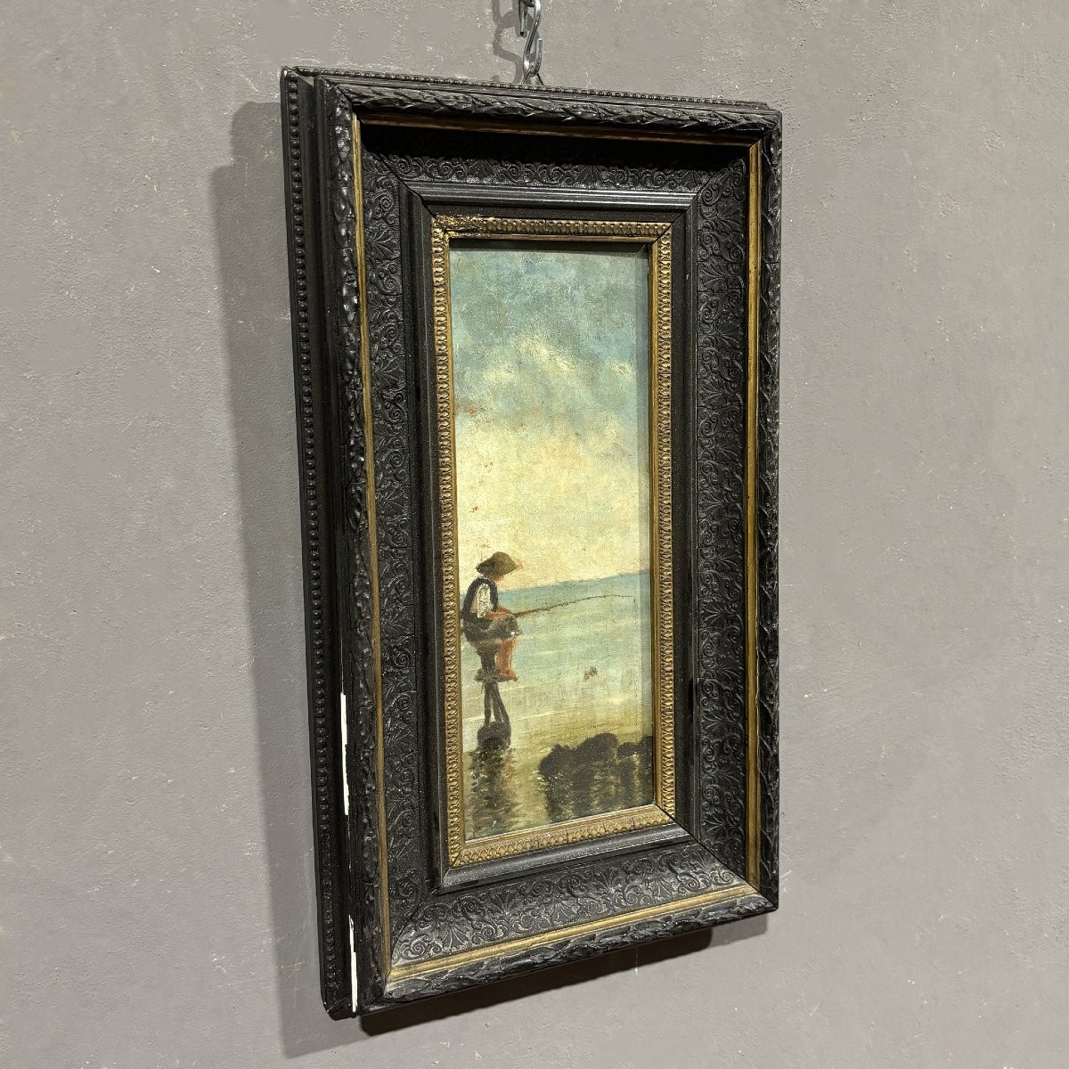 Dipinto ad olio su tavola con pescatore e scena marina-photo-2