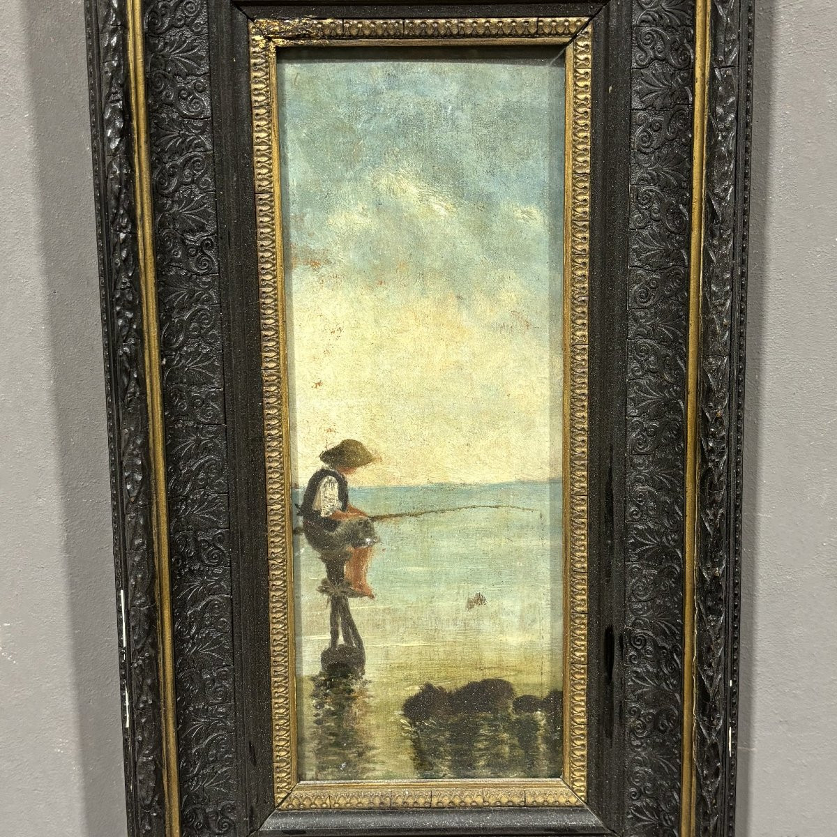 Dipinto ad olio su tavola con pescatore e scena marina-photo-5