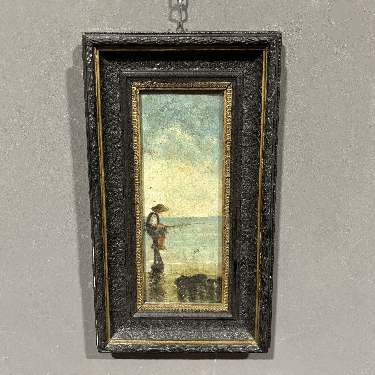 Dipinto ad olio su tavola con pescatore e scena marina