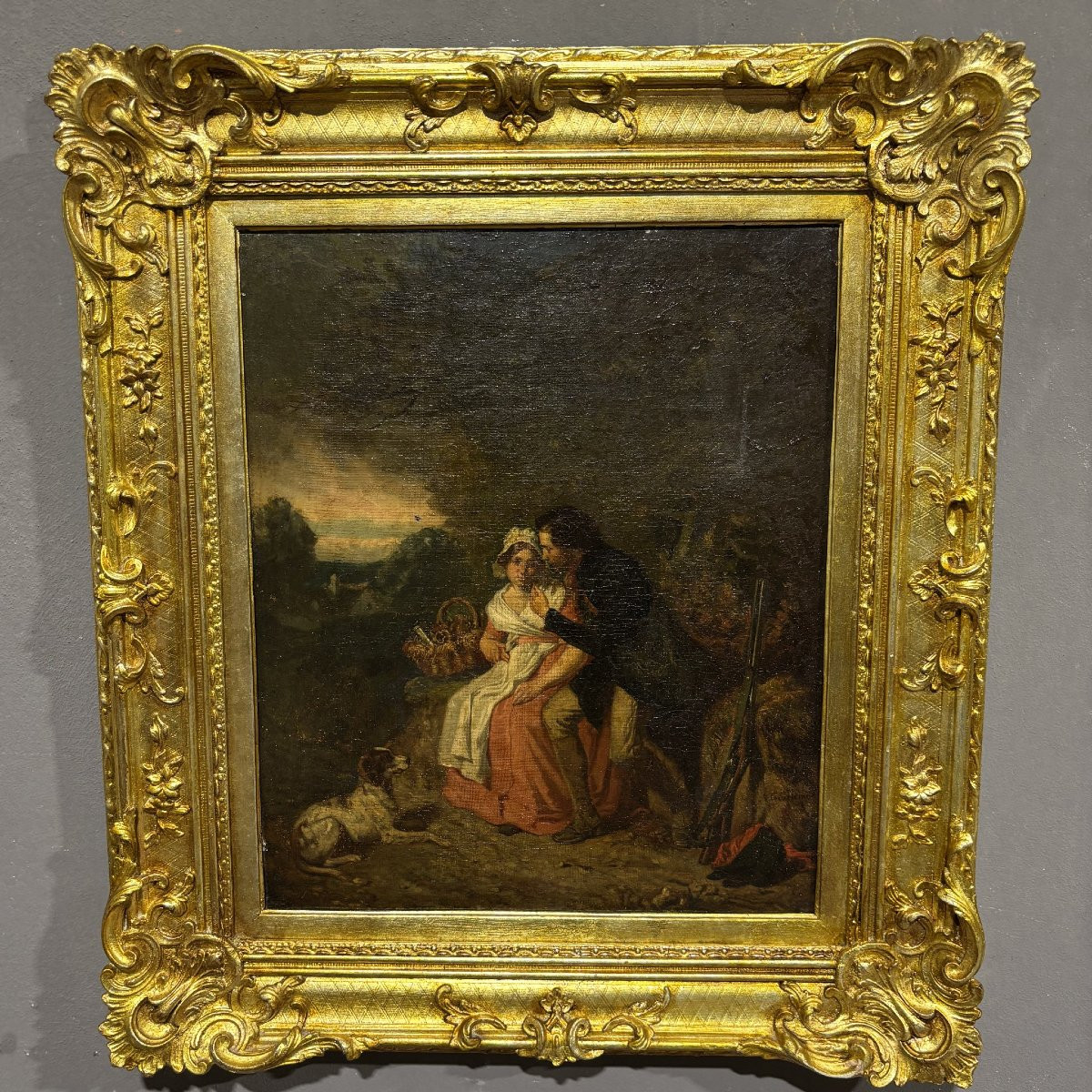 A. Guillemin (1817–1880) – Scena galante in paesaggio bucolico, dipinto ad olio su tela, XIX se-photo-3