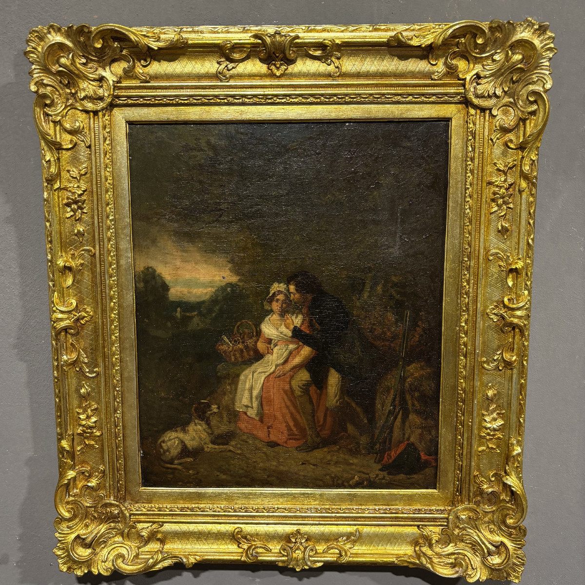 A. Guillemin (1817–1880) – Scena galante in paesaggio bucolico, dipinto ad olio su tela, XIX se