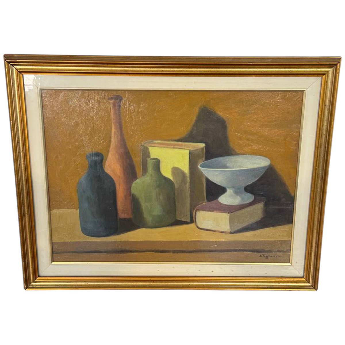 Lio Tognocchi – Natura morta con bottiglie e libro, olio su tela firmato, XX secolo-photo-1
