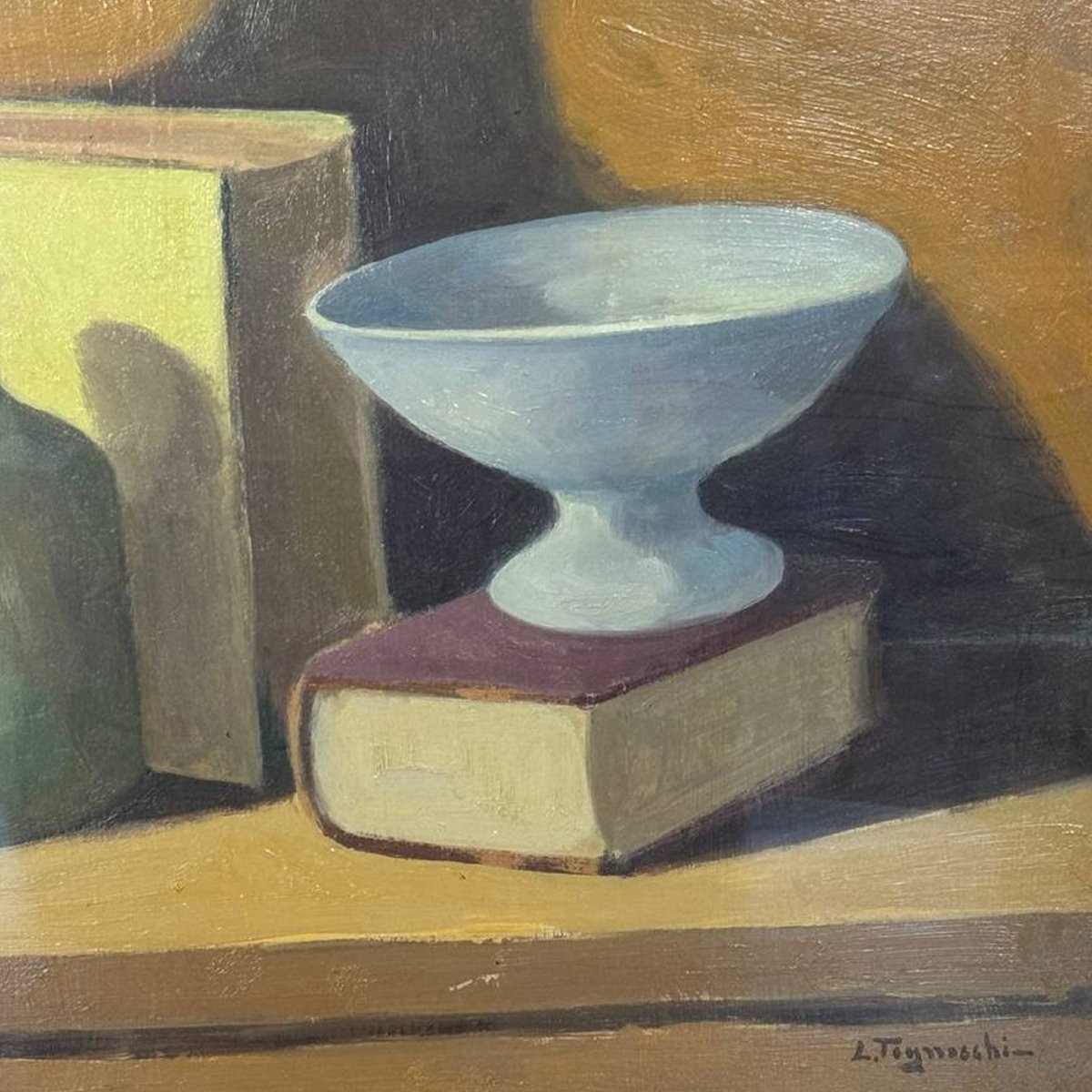 Lio Tognocchi – Natura morta con bottiglie e libro, olio su tela firmato, XX secolo-photo-2