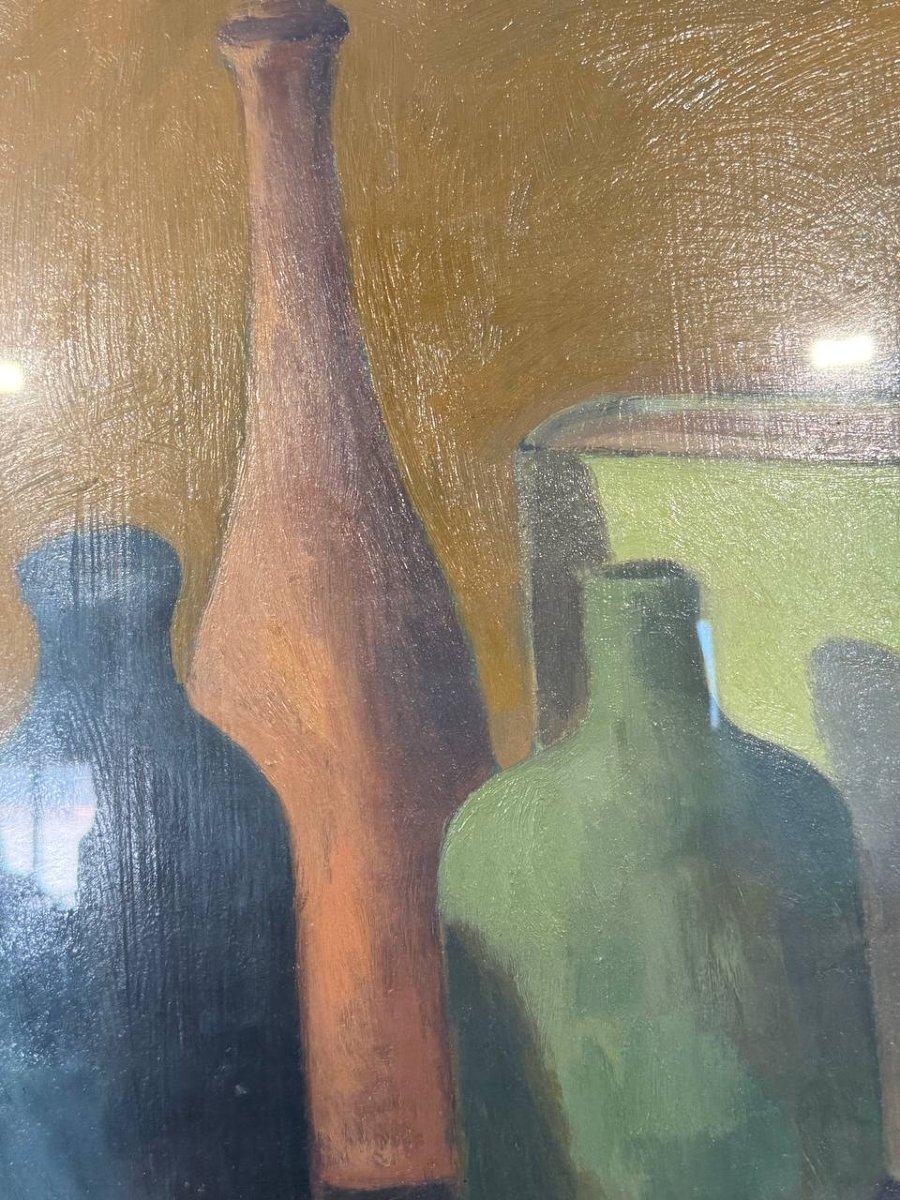 Lio Tognocchi – Natura morta con bottiglie e libro, olio su tela firmato, XX secolo-photo-3