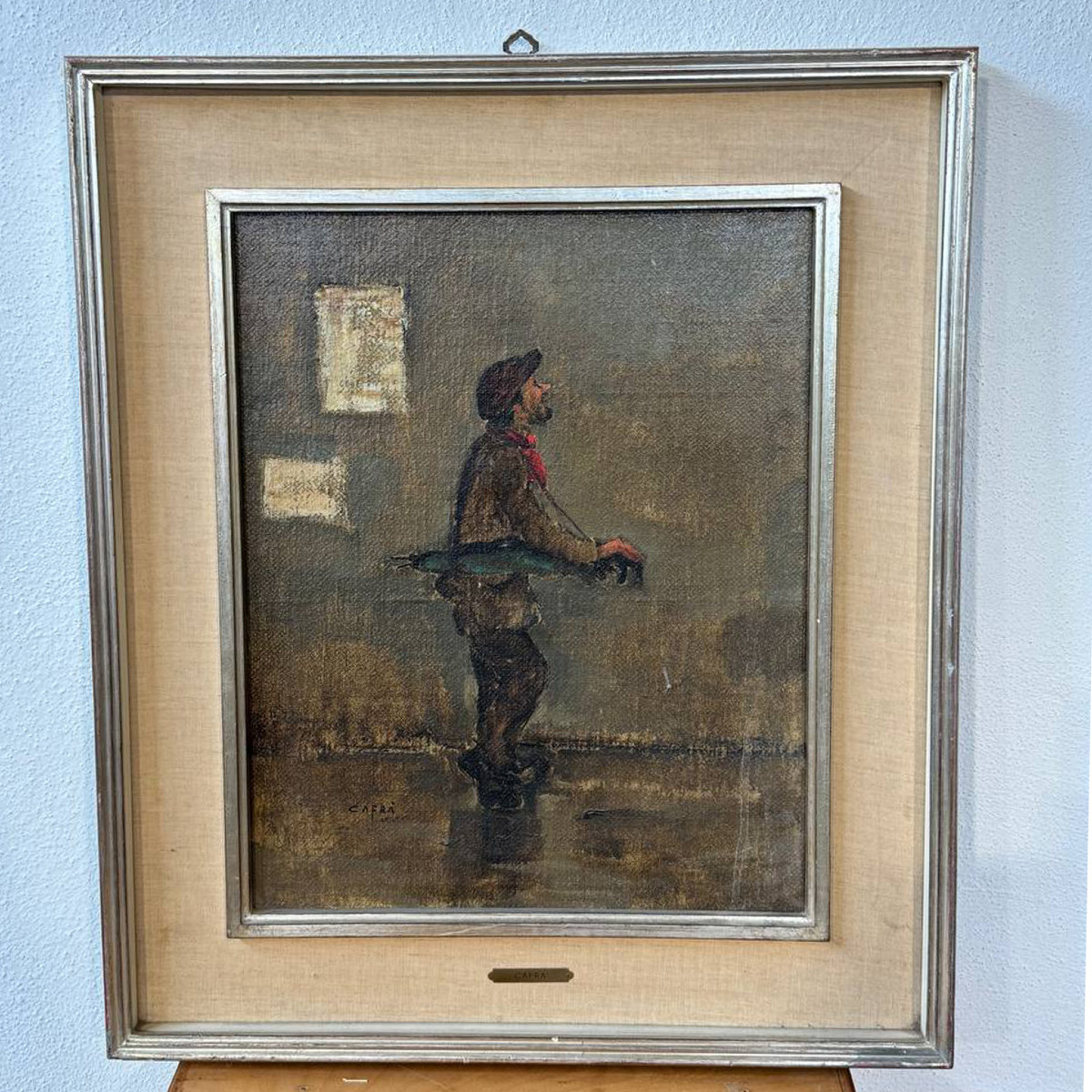 Quadro a olio firmato Cafrà – Uomo sotto la pioggia