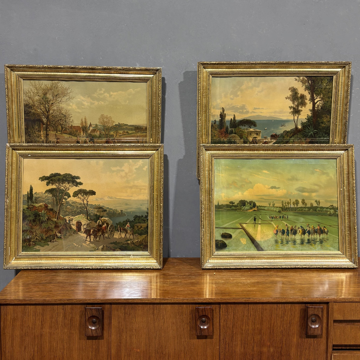 Set di quattro Litografie a colori del XIX secolo in cornici a foglia oro