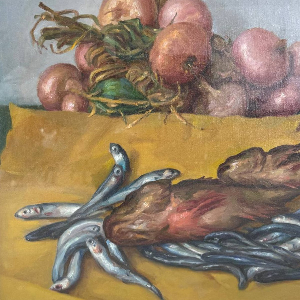 Manlio Alfieri – Dipinto su tela firmato – Natura morta Scorfano e alici-photo-3