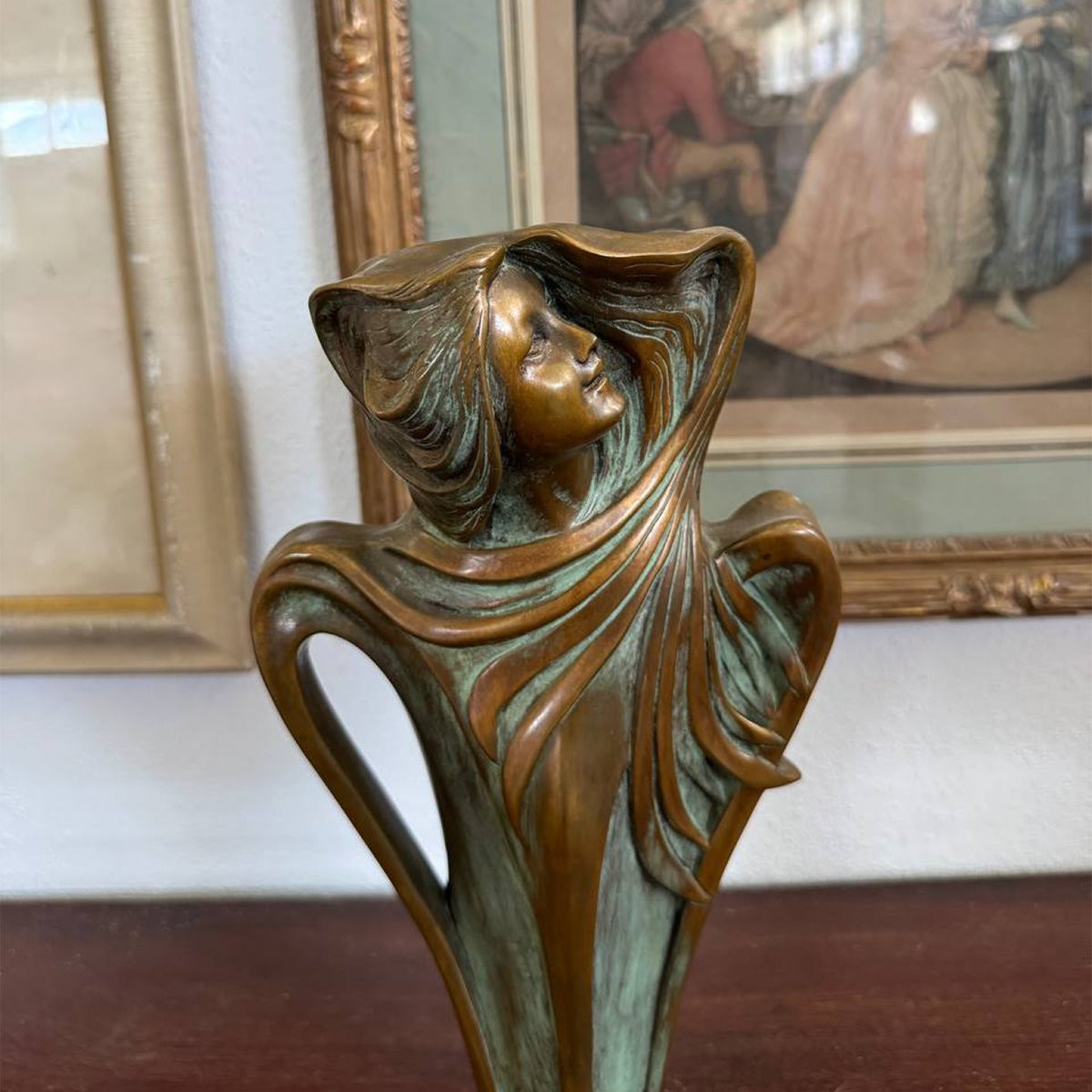 Elegante vaso scultoreo Art Nouveau in bronzo – figura femminile-photo-4