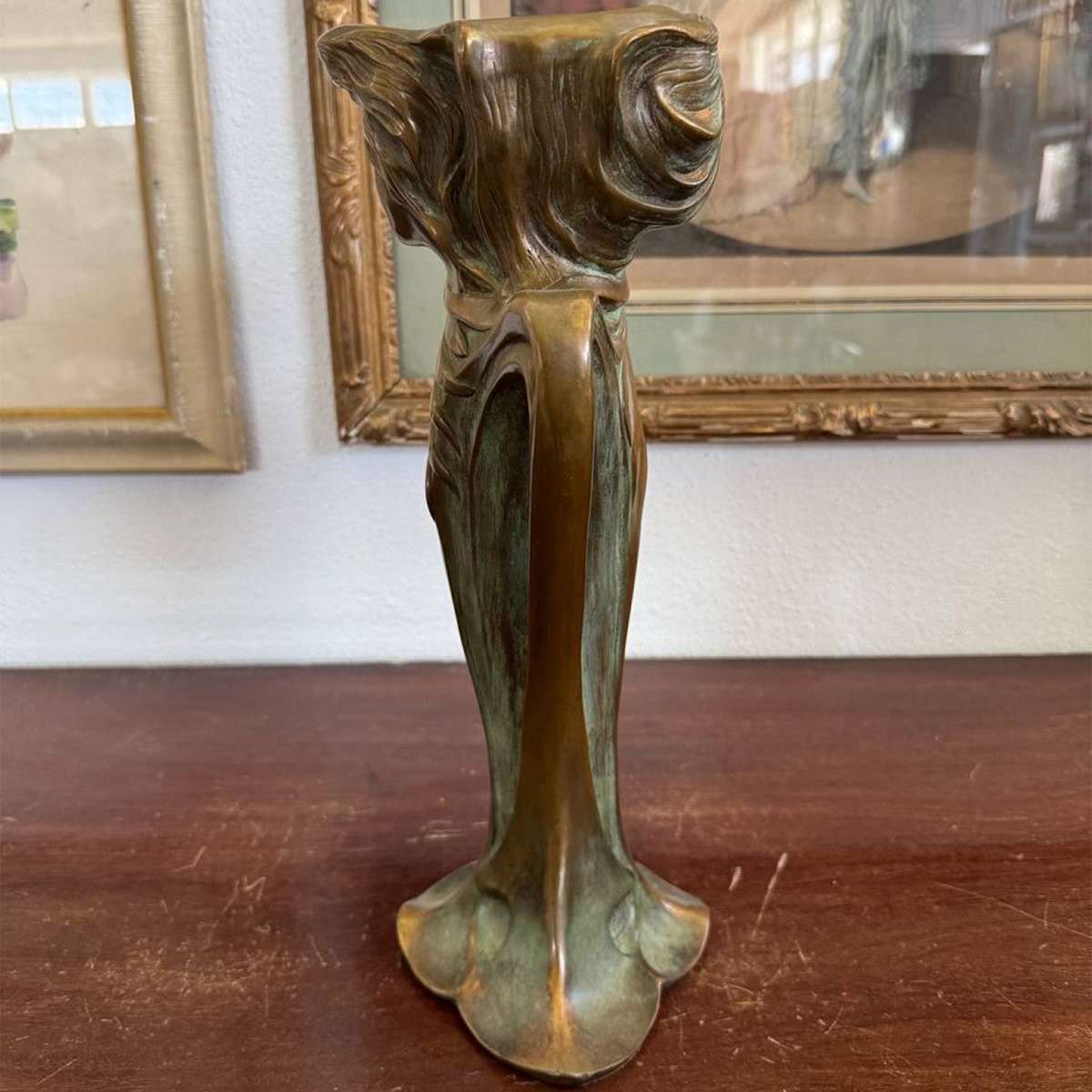 Elegante vaso scultoreo Art Nouveau in bronzo – figura femminile-photo-5