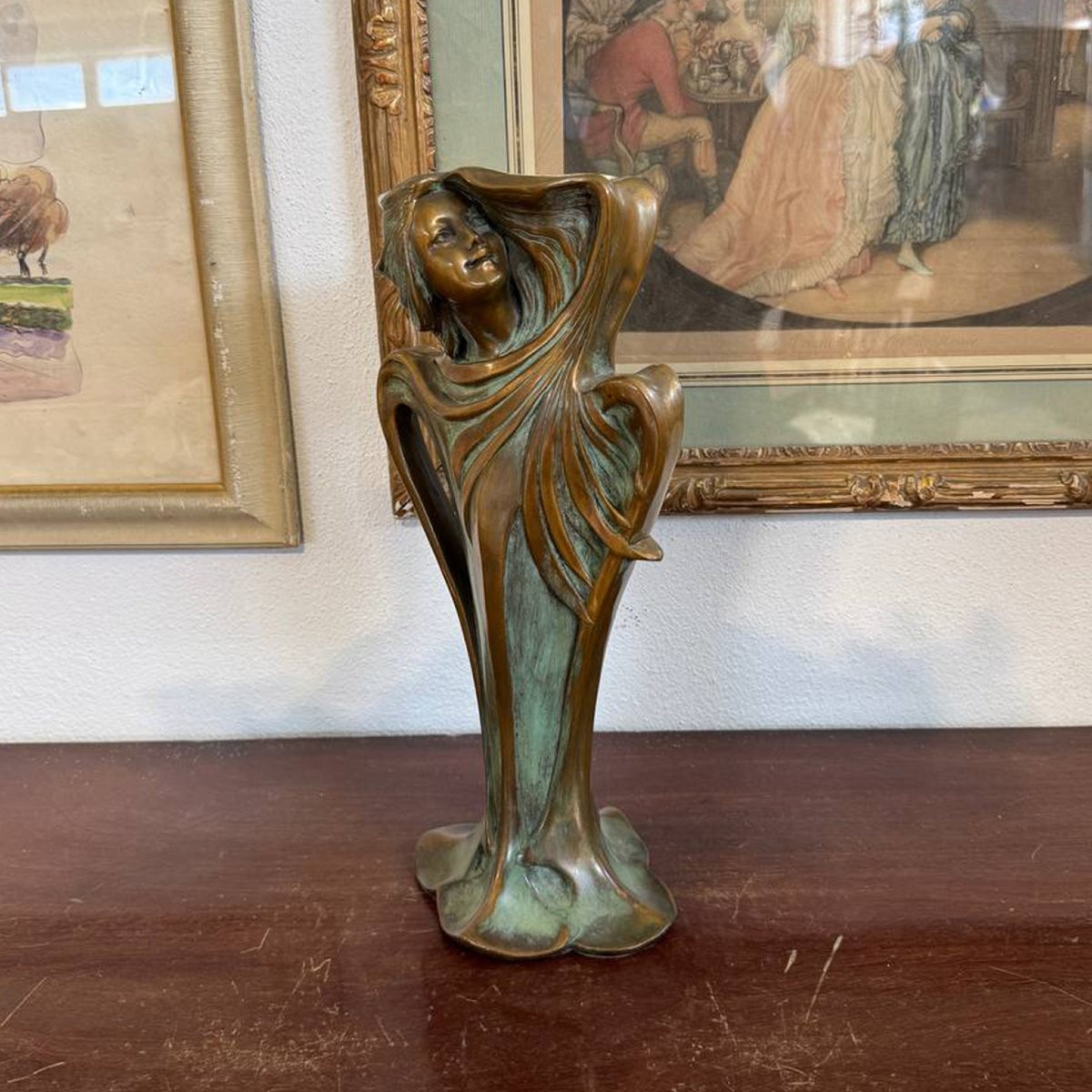 Elegante vaso scultoreo Art Nouveau in bronzo – figura femminile-photo-8